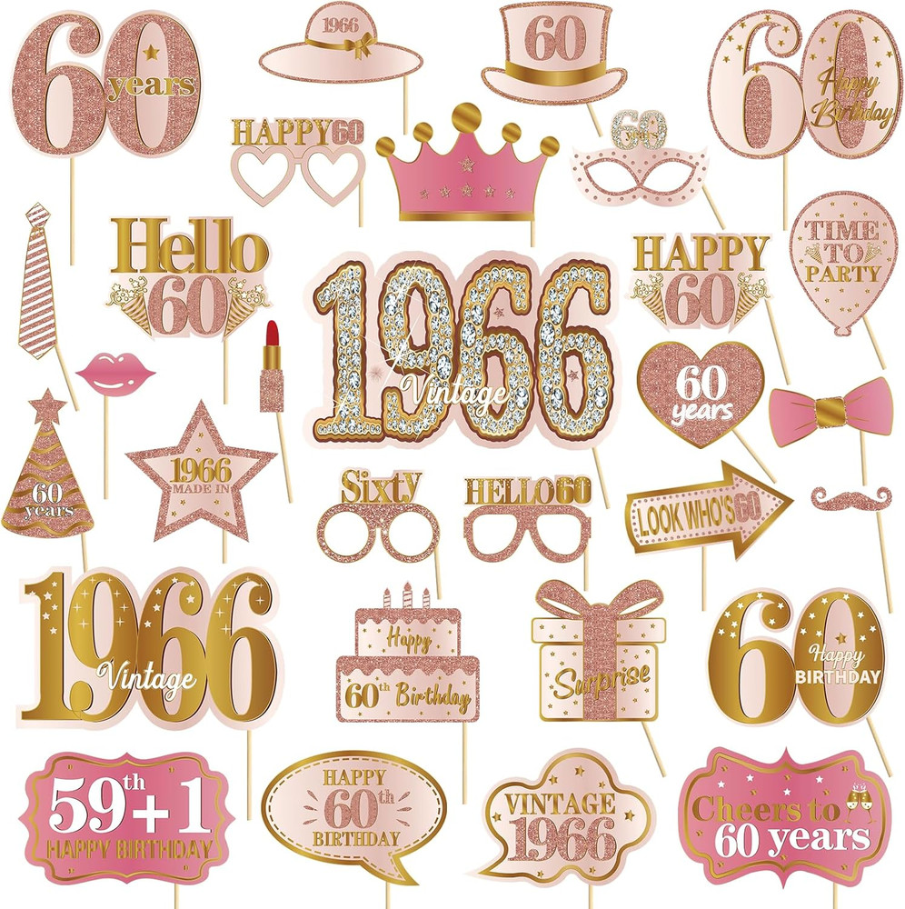 30Pcs 60Th Birthday Photo Booth Props for Women, Pink Rose Gold Vintage 1966 60