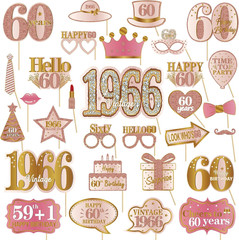 30Pcs 60Th Birthday Photo Booth Props for Women, Pink Rose Gold Vintage 1966 60