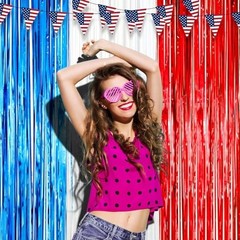 Pack Red White and Blue Foil Fringe Backdrop Curtains, Tinsel 2 Redblue