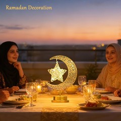 Ornate Crescent Moon Lamp with Star – Warm White LED for Ramadan Blessings