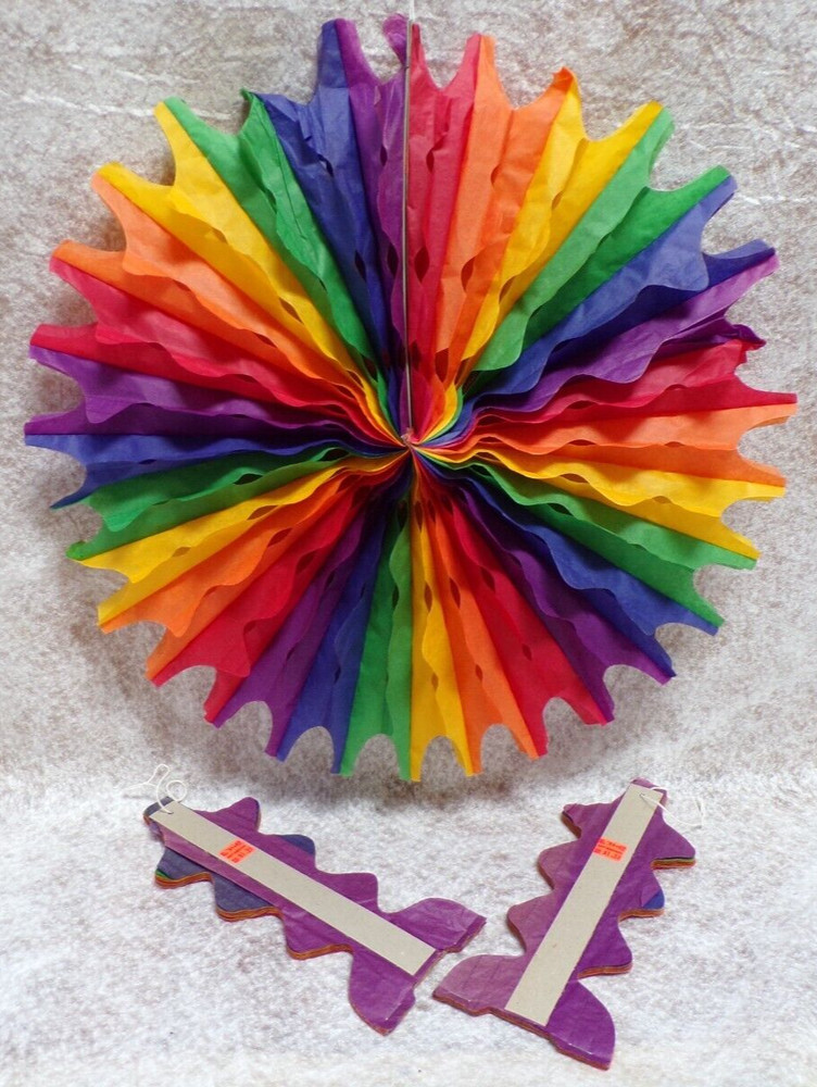 3 PAPER PARTY HANGING DECORATION 18″ FAN COLORFUL RAINBOW FIESTA ROSETTE FLOWERS
