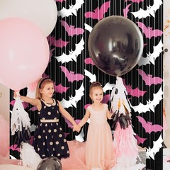 2 PCS 3.3×6.6 Ft Pink Bat Halloween Metallic Foil Fringe Curtain Party Prop