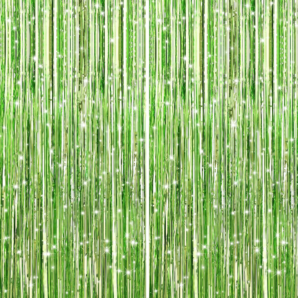 2Pack Light Green Foil Curtain Backdrop Green Metallic Tinsel Foil Fringe Curtai