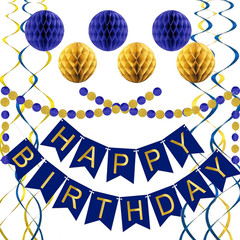 Blue Birthday Decorations, Happy Birthday Banner with Honeycomb Balls, Circle Do