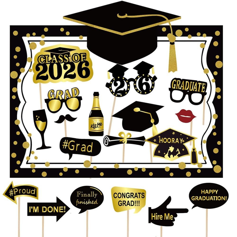 Graduation Selfie Photo Booth Frame 27x19in Black Gold with 18 Props – Party