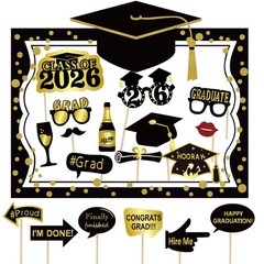 Graduation Selfie Photo Booth Frame 27x19in Black Gold with 18 Props – Party