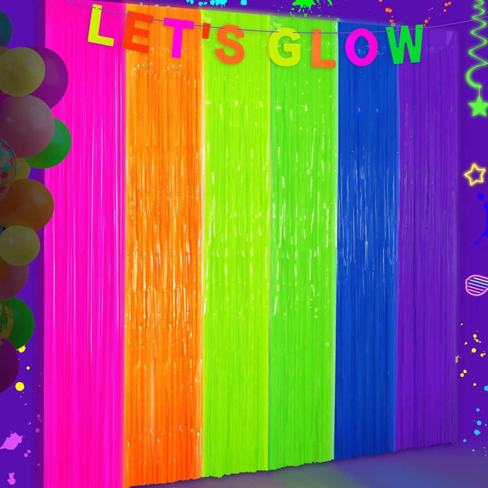Glow in The Dark Tinsel Curtains 2 Pack – 3.3×6.6ft UV Reactive ‌Fluorescent …