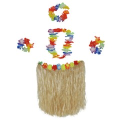 Costume Set Hawaiian Grass Skirt With Flower Lei, Headband & Wristlets 5 Pc Set