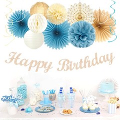 Light-Dusty Blue Beige-Champagne -Decorations – 21pcs Boho Neutral Happy Bann…