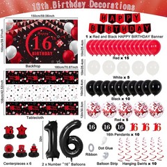 16th Birthday Decorations Red Black, Sweet 16 Party Supplies, Banner, Balloons,