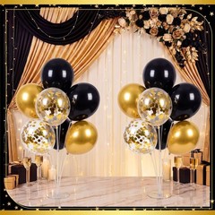 10 Balloon Stand Kits with Black Gold Balloons – Centerpiece Decor for Parties