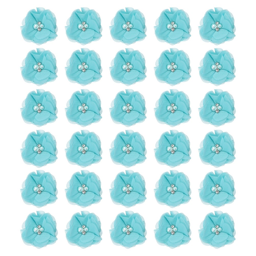 30Pcs 2″ Chiffon Flowers with Rhinestone Pearl Sewing Fabric Flowers, Teal