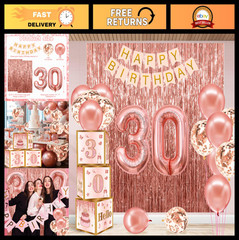 30th Birthday Decorations for Women, Pink Rose Gold Banner, Foil Balloons & Part