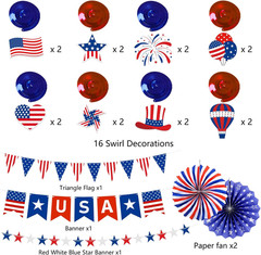 37 Pcs Patriotic Decorations Set Red White Blue Party Banner Fans Swirl Kit SetS