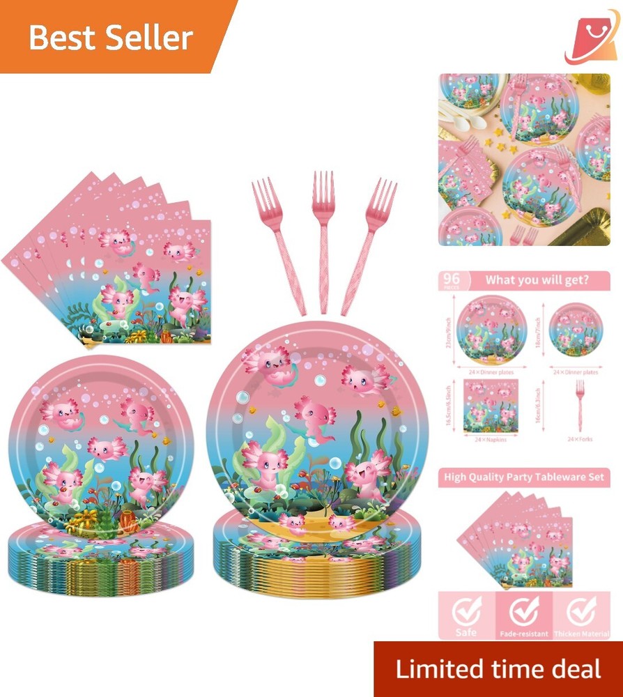 96pcs Axolotl Party Supplies Paper Tableware Set for 24 Guests Pink Theme