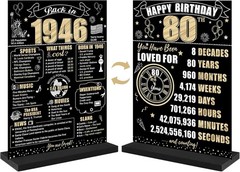 Black Gold 80Th Birthday Decorations Back in 1946 Table Sign for Women Men, Two-