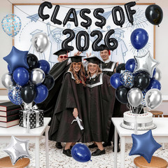 2026 Graduation Balloons Set, Black and Blue Silver Graduation Party Decorations