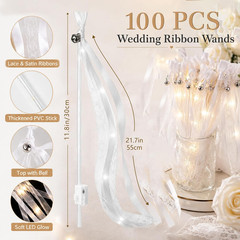 100 PCS Light Up Wedding Wands with Lace & Satin, LED Fairy Ribbon Streamers for
