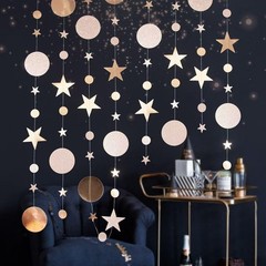 Star and Circle Hanging Garland, 65 feet 65 Feet Length, Champagne Gold
