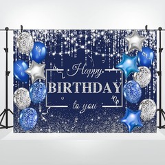 8x6ft Blue Birthday Backdrop with Silver Glitter & Balloons – Party Photo Booth