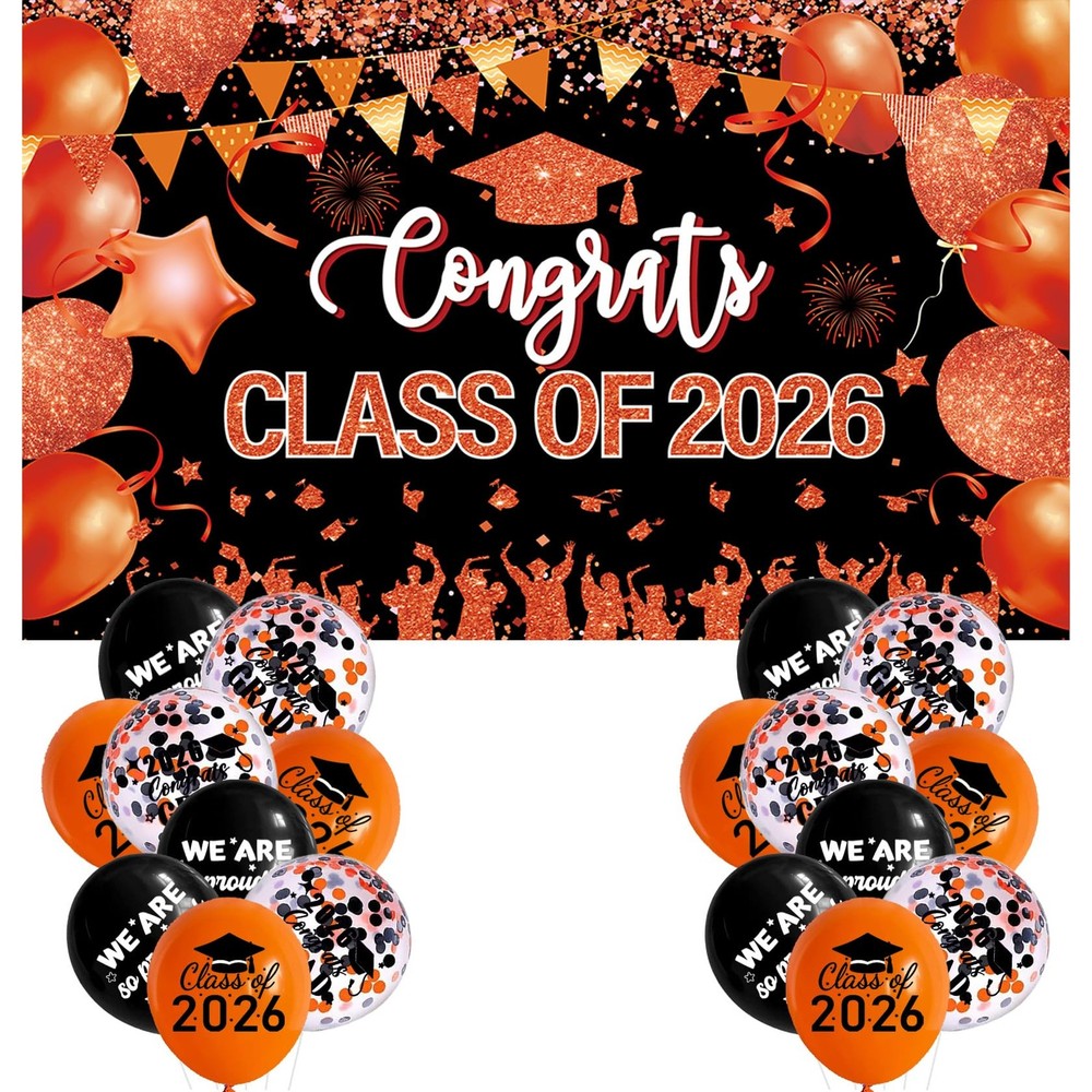 Orange and Black Graduation Decorations Class of 2026 Banner with 18 Pcs Grad…