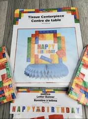 BUILDING BLOCK HAPPY BIRTHDAY PARTY KIT 7′ BANNER ,NAPKINS , 10″CENTER PIECE