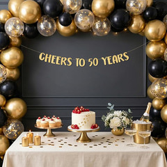 Pre-Strung Cheers to 50 Years Gold Glitter Banner – 50Th Birthday and Anniversar