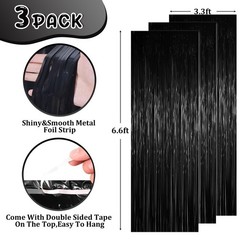 Voircoloria 3 Pack 3.3 x 6.6 ft Black Foil Fringe Backdrop Curtains, Tinsel
