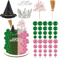 44-Piece Pink & Green Cake Topper Set Witch Hat Crown Balloons Birthday Decor