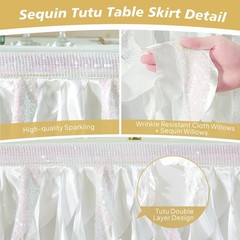 6ft White Sequin Table Skirt for Rectangle Tables Glitter Curly Willow Tutu S…