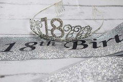 18th Silver Birthday Tiara and Sash Glitter Satin 2 Piece Set,