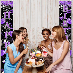 Purple Happy Birthday Banner Glitter Purple Black Birthday Party Decorations for