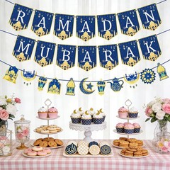 34 Pcs Ramadan Decorations for Home, Pre-Assembled Ramadan Mubarak Banner,