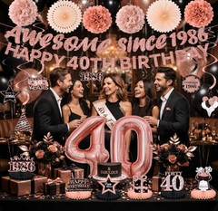 40th Birthday Decorations Kit for Women, Rose Gold Happy 40th Birthday Banner, A