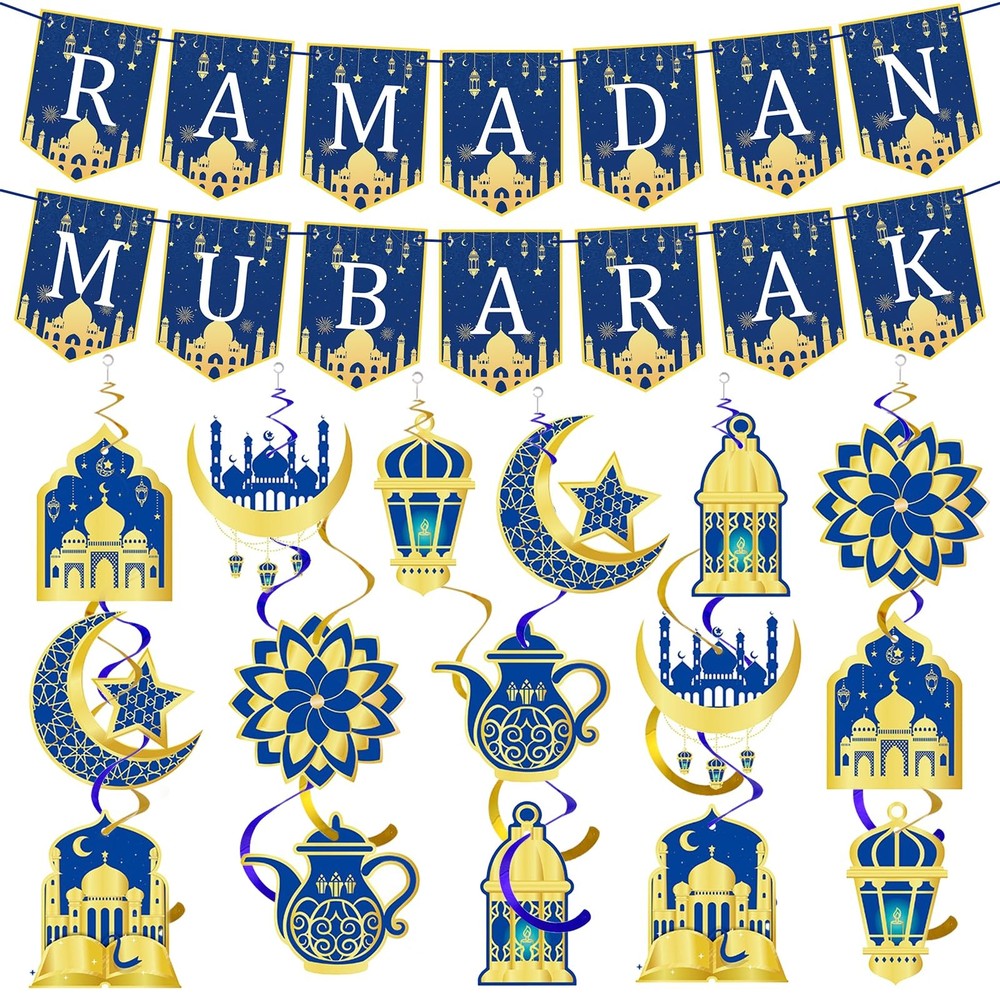 34 Pcs Ramadan Decorations for Home, Pre-Assembled Ramadan Mubarak Banner,