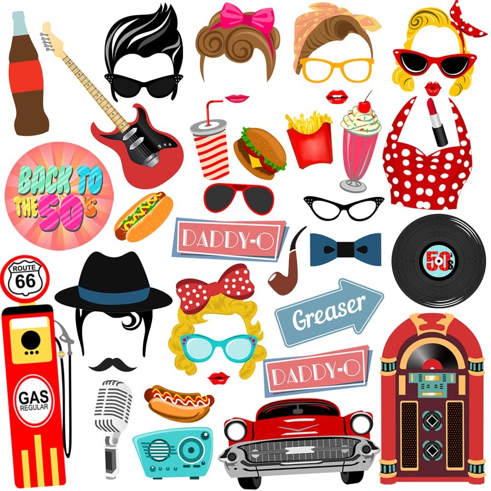 50s Photo Booth Props Grease Retro Diner Theme Birthday Decor 41 PCS