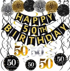 Classy 50th Birthday Celebrations: Black & Gold Banner & Hanging Swirls Ensemble