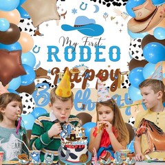 Blue Western Cowboy Birthday Party Decorations Cow Print Backdrop & Balloons Kit