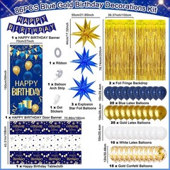 Blue and Gold Birthday Decorations for Men Women, Happy Birthday Decorations for
