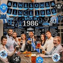 40th Birthday Decorations for Men, 20PCS Black Blue Back in 1986 Birthday Par…