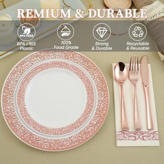 FOCUSLINE 350 Ct Rose Gold Dinnerware Set for 50 Guests, Rose Gold Lace Plast…