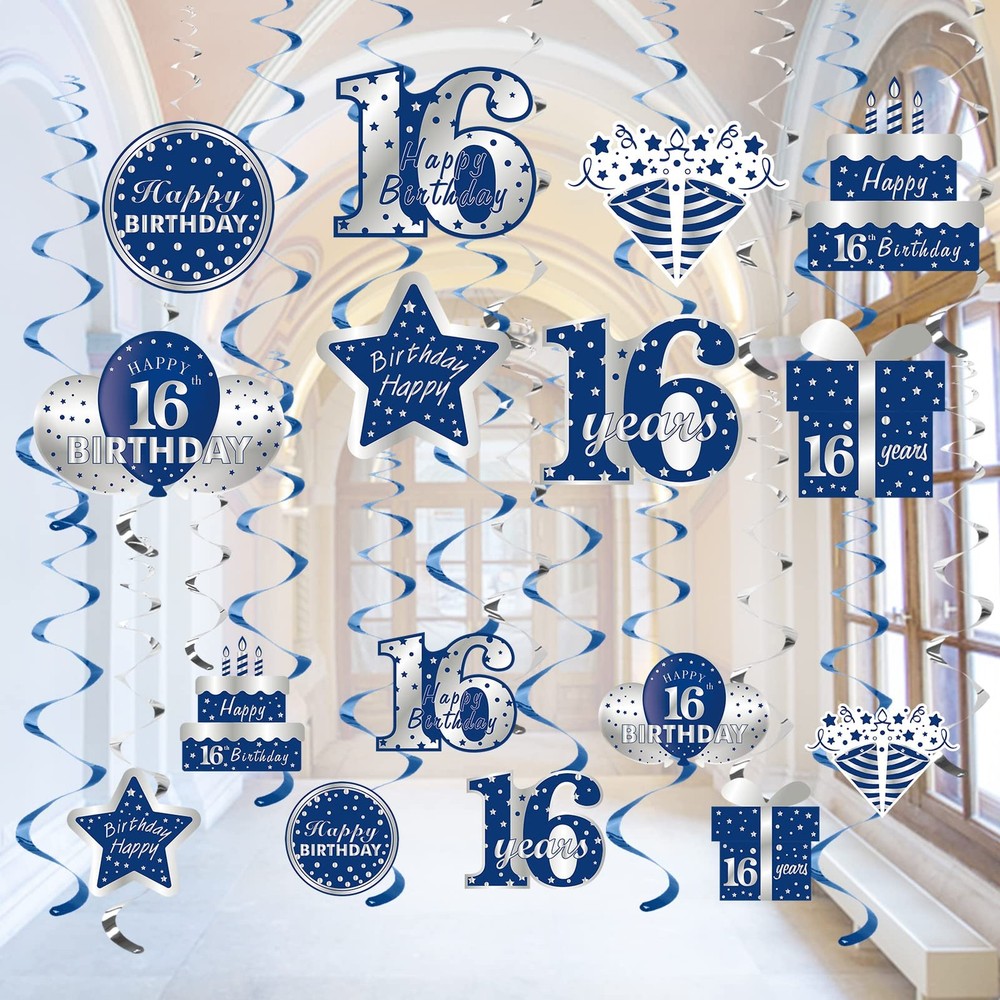 16 PCS Blue Silver 16th Birthday Hanging Swirls Boys Foil Party Supplies