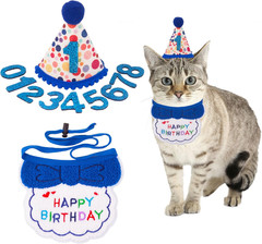 Cat Birthday Party Supplies, Blue Boy Cat Kitten Birthday Bandana Hat Numbers Pe