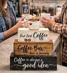 4 Pcs Wooden Coffee Bar Decorations Rustic Coffee Bar Signs for Tiered Tray F…