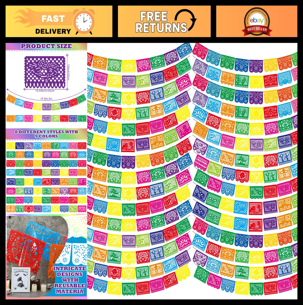 20 Pcs 15 Ft Mexican Party Banners – Papel Picado Flags for Fiesta & Cinco de Ma