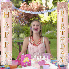 Pink Rose Gold Happy Birthday Door Banner Decorations, Birthday Party Porch Sign