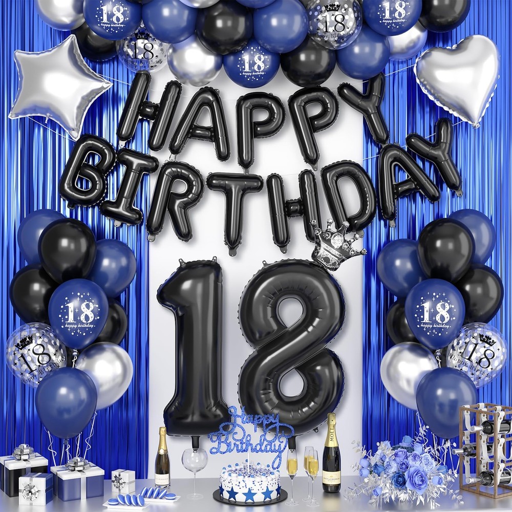 Navy Blue and Black 18th Decorations for Boy,Black Silver Balloons 18 Years H…