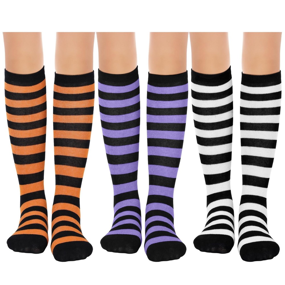 3 Pairs Halloween Striped Socks Kids Cotton Spooky Knee High Uniform 6-12 Years
