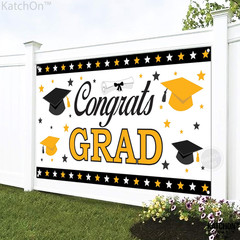 , Xtralarge Congrats Grad Banner – 72X44 Inch | White, Black and Gold Graduation