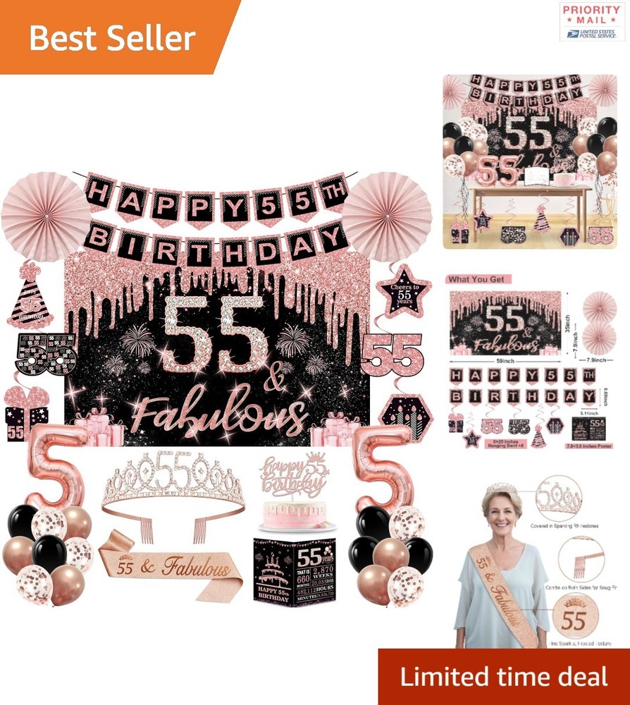 Black Rose Gold 55th Birthday Party Decorations 32PCS Cake Topper Balloons Sash